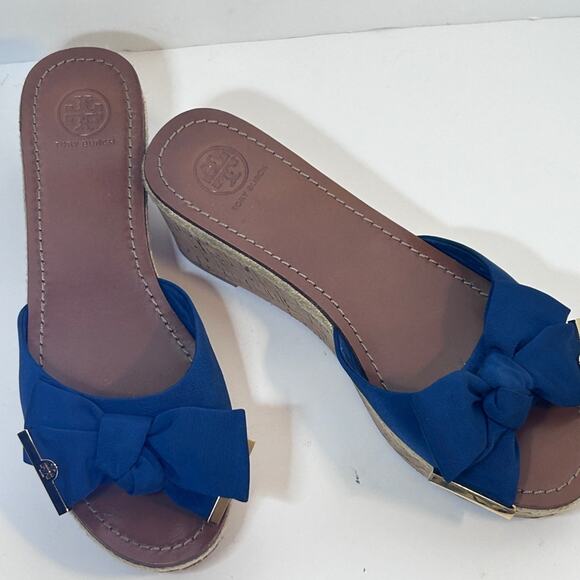Tory Burch Sandals Wedge Slides Navy Blue Logo Bow Ribbon Size 8.5 - Picture 11 of 14